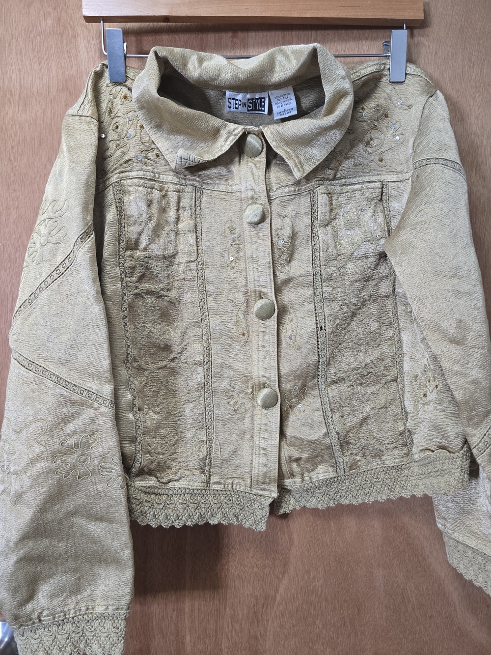 Vintage Step In Style Gold Toned Embroidered Jacket Cotton And Silk Size L